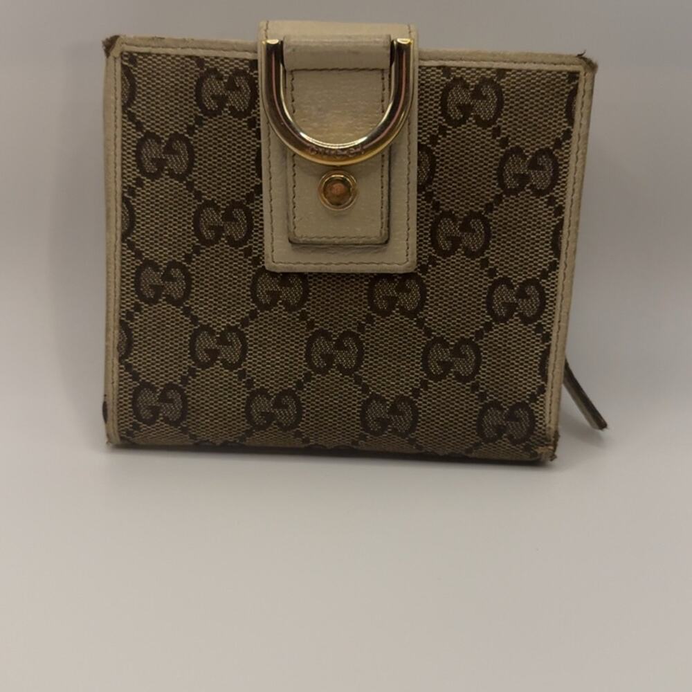 GUCCI Brown Gold Coated Canvas Leather Bifold D Ring Wallet Coin Purse